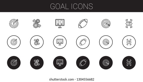 goal icons set. Collection of goal with target, development, scoreboard, rugby, dart board, vision. Editable and scalable goal icons.