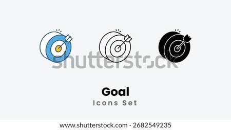 Goal Icons thin line, Black Glyph, Colored Line vector icon stock illustration