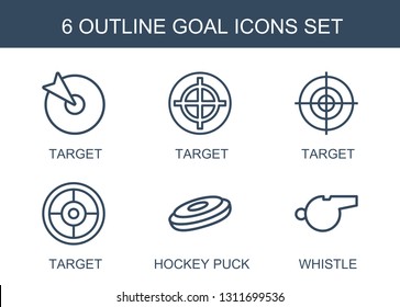 goal icons. Trendy 6 goal icons. Contain icons such as target, hockey puck, whistle. goal icon for web and mobile.