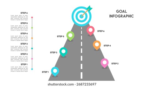 Hoja de ruta de infografía de objetivos con proceso comercial de varios pasos e ícono de destino en Ilustración vectorial de fondo limpio