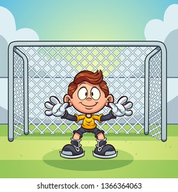 Goal keeper kid with soccer goal  background clip art. Vector illustration with simple gradients. Some elements on separate layers. 
