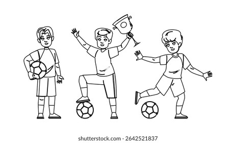 goal kid boy soccer vector. team coach, field kick, score play goal kid boy soccer character. people black line pencil drawing illustration