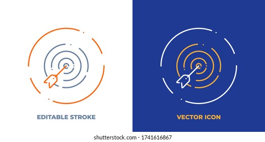 Goal line art vector icon with editable stroke. Outline symbol of dartboard. Success strategy pictogram made of thin stroke. Isolated on background.