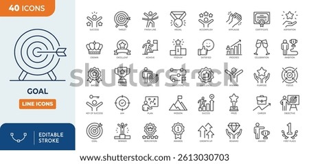 Goal line editable icon set. Containing mission, goals, success, achievement, medal, reward, aim, target, celebration, trophy, and more. editable stroke. vector illustration