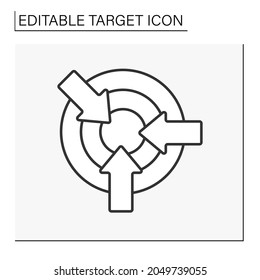 Icono de línea de objetivo. Objeto con círculos concéntricos para la práctica de disparo o concursos. Tres flechas. Objetivos alcanzados. Concepto objetivo. Ilustración vectorial aislada. Trazo editable