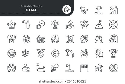 Conjunto de ícones da linha de meta. Alvo, realização, sucesso, vitória, vencedor, prêmio, prêmio, taça, recompensa, missão, solução, sucesso, medalha e muito mais. Ícone Contorno em estilo linear. Coleção de vetores.	
