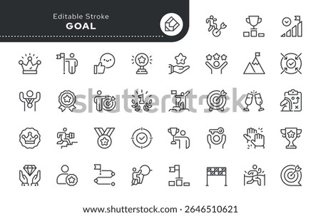 Goal line icon set. Target, achievement, success, victory, winner, prize, award, cup, rewarding, mission, solution, successful, medal and more. Outline icon in linear style. Vector collection.	

