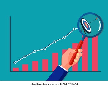A goal in a magnifying glass and a growth graph. Goal-based growth concept