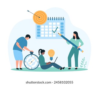 Goal management, organizational planning in calendar. Tiny people check important date and project end with pencil in planner schedule, tracking deadline with stopwatch cartoon vector illustration