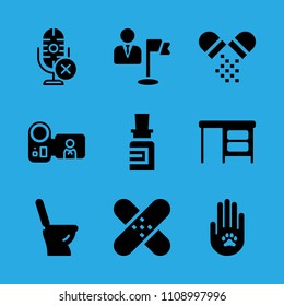 goal, medicine, animal solidarity, pills, microphone, patch, desktop, camcorder and toilet vector icon. Simple icons set