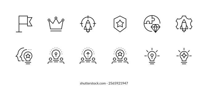 Goal and mission icon collection. Core values, productivity, vision, success, innovation, consistency, achievement, target, focus and more. Editable stroke. Pixel Perfect. Grid base 32px.