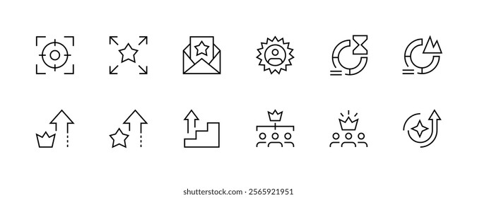 Goal and mission icon collection. Core values, productivity, vision, success, innovation, consistency, achievement, target, focus and more. Editable stroke. Pixel Perfect. Grid base 32px.