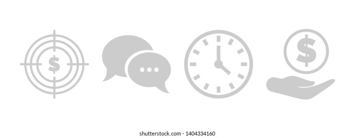 Goal to money, communication or chat, clock and hours, coins simple label. Successful business cash icons isolated on white, finance element vector