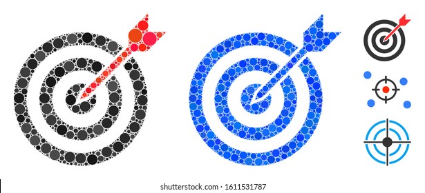 Goal mosaic of round dots in different sizes and color tinges, based on goal icon. Vector round dots are combined into blue collage. Dotted goal icon in usual and blue versions.