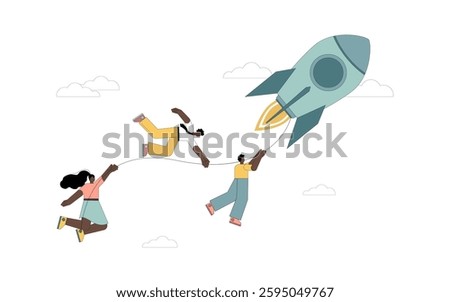 Goal movement concept. A team of people is holding on to the thread from a flying rocket