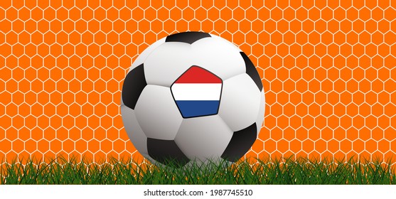 Goal net. Ball in goal net. Football with the flag of the Netherlands, green soccer grass field. Vector wk ek orange background banner. Beehive raster. Honeycomb hexagon pattern. Holland or Dutch 2021