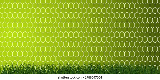 Goal net texture for ball in goal. Soccer or football net pattern. Green grass field. Vector Football goal banner. Beehive raster. Honeycomb cells hexagon. wk, ek sport supporters 2021, 2022 Qatar