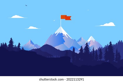 Goal on mountaintop - Mountain peak with flag on summit. Business strategy, leadership, planning, and challenge concept.