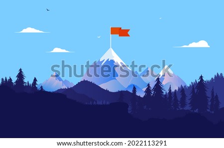 Goal on mountaintop - Mountain peak with flag on summit. Business strategy, leadership, planning, and challenge concept.