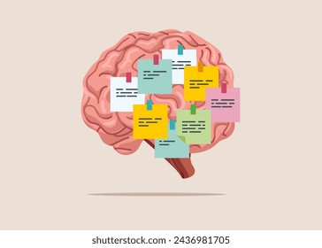 Goal on note. Brainstorming to gather new idea. Sticky notes on human brain. Flat vector illustration