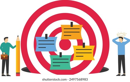 Goal on notes on dartboard target fell into a pit. Business failure, plans failed. Vector illustration

