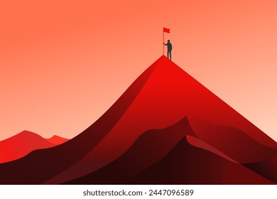 A goal on top of mountain. Man standing on top with red flag. Business, success, leadership, high results achievement concept. Flat vector illustration.