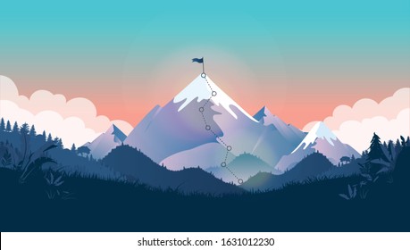 Goal on top of mountain - Mountain peak with flag on summit, and trail to the top. Beautiful landscape with forest and clouds. Business strategy, leadership, planning, and challenge concept.