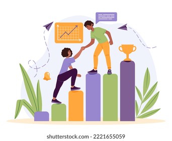 Goal orientation concept. Man helps woman climb up columns to goblet. Partnership and teamwork. Help and support. Colleagues reach goal. Poster or banner for website. Cartoon flat vector illustration