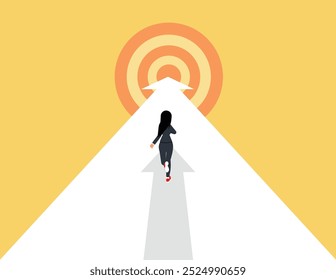 Goal oriented action in the business world. Business woman running on an arrow  to the goal.