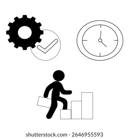 Goal oriented business icon set , target for objectives, gears for process, clocks for time management. Ideal for strategic planning, operational excellence, and achievement. Modern vector collection.
