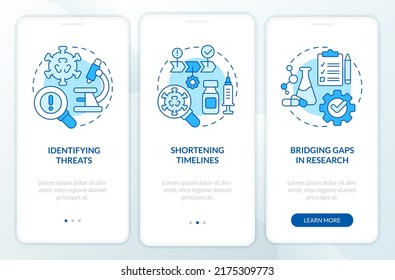 Goal for pandemic preparedness plan blue onboarding mobile app screen. Walkthrough 3 steps editable graphic instructions with linear concepts. UI, UX, GUI template. Myriad Pro-Bold, Regular fonts used