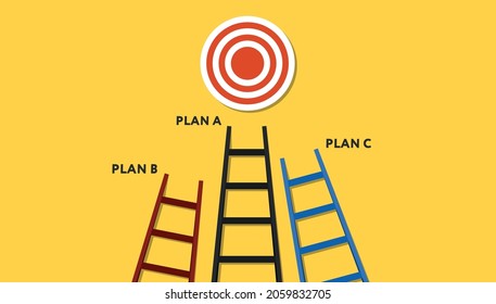 Goal and plan. Vector illustration in flat design. Target and different colorful step ladder on yellow backdrop