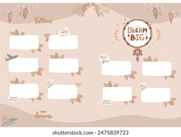 Goal planner and to do list with beige luxurious theme, Follow your dreams and Dream Big written in English, memo planner. Isolated vector icons set