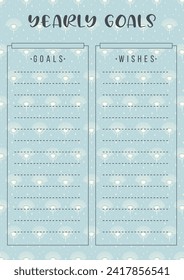 Goal planner template with magic eyes. Blue background blank printable sheet.