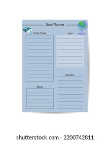 goal Planner Template Organizer and Schedule for Notes Goals Vector illustration.