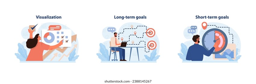 Goal Planning set. Visualization techniques, drafting long-term objectives, and setting immediate priorities. Time management, strategy alignment, and actionable insights. Flat vector illustration