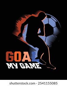 Goal poater with footballer men and big soccer ball silhouette. Football print with text on black background.