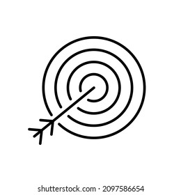 Goal, purpose black outline icon. Arrow hit to bully the eye. Achieve goals. Target concept. Trendy flat isolated symbol, sign for: illustration, logo, app, web design, dev, ui, ux, gui. Vector EPS 10