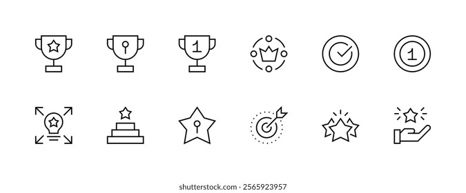 Goal and purpose icon collection. Business values, productivity, quality, success, innovation, consistency, achievement, target, creativity and more. Editable stroke. Pixel Perfect. Grid base 32px.