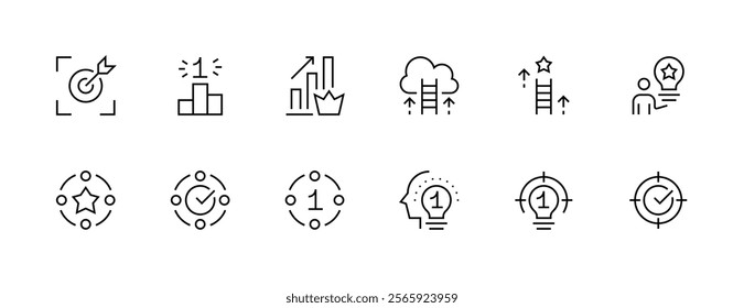 Goal and purpose icon collection. Business values, productivity, quality, success, innovation, consistency, achievement, target, creativity and more. Editable stroke. Pixel Perfect. Grid base 32px.