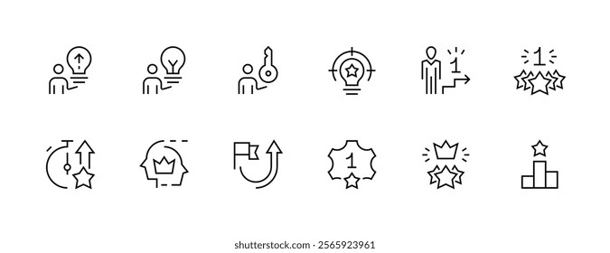 Goal and purpose icon collection. Business values, productivity, quality, success, innovation, consistency, achievement, target, creativity and more. Editable stroke. Pixel Perfect. Grid base 32px.