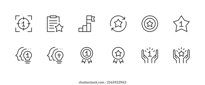 Goal and purpose icon collection. Business values, productivity, quality, success, innovation, consistency, achievement, target, creativity and more. Editable stroke. Pixel Perfect. Grid base 32px.