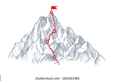 Goal rout to peak through mountain hard way isolated sketch