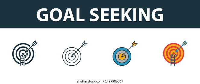 Goal Seeking icon set. Four elements in diferent styles from project management icons collection. Creative goal seeking icons filled, outline, colored and flat symbols.