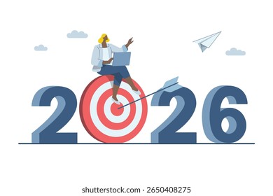 Goal setting in 2026, Businesswoman using laptop sitting on archery target, Progress and path to success, Flat vector design illustration.
