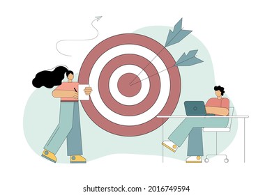 Goal setting. Accurate shot. Focusing on the work goal and achieving the best results for the task. Vector flat illustration