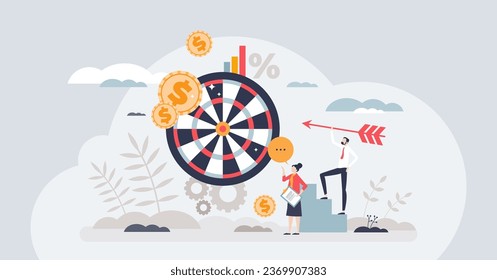 Goal setting for achievable business targets and vision tiny person concept. Effective defined future objectives for financial growth, profit and company financial development vector illustration.