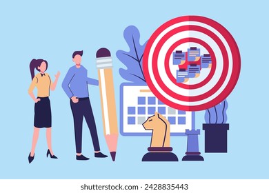 Goal setting, achievable target or purposeful objective, mission to accomplish or challenge to win for business success concept, businessman write down goal on notes and put on big dartboard target.