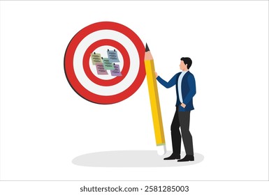 Goal setting, achievable target or purposeful objective, mission to accomplish or challenge to win for business success concept, businessman write down goal on notes and put on big dartboard target.
