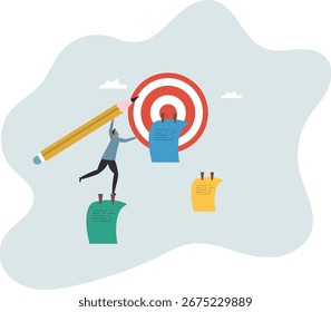 Fijación de metas, meta alcanzable u objetivo con propósito, misión a cumplir o desafío a ganar para el éxito empresarial. Acerca de un hombre y su vida.